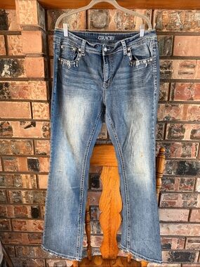 Grace Bootcut Jeans in Medium Blue with Jeweled Pocket Trim